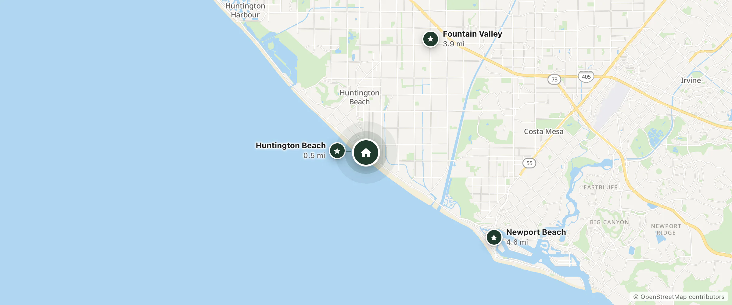 Map of The Bungalow Huntington Beach and nearby Huntington Beach, Fountain Valley and Newport Beach