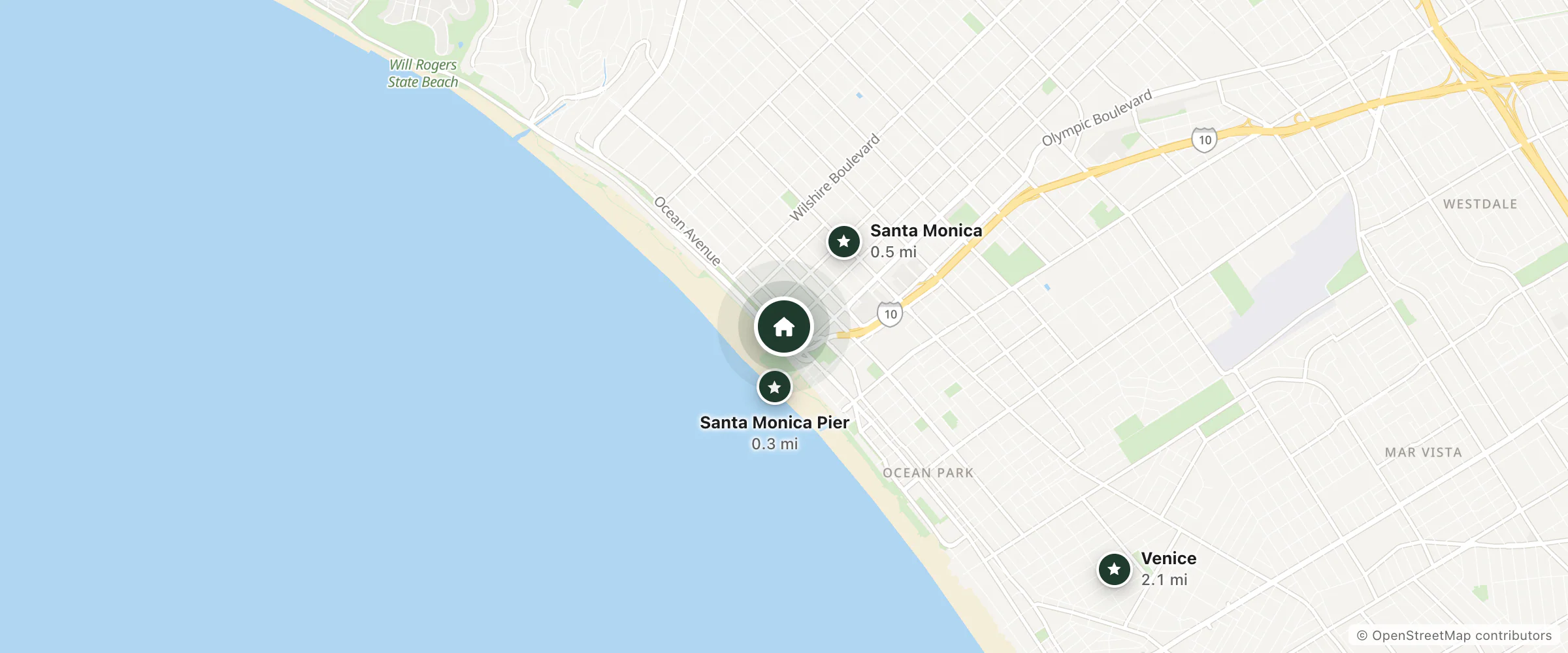 Map of Ocean View Hotel and nearby Santa Monica Pier, Santa Monica and Venice