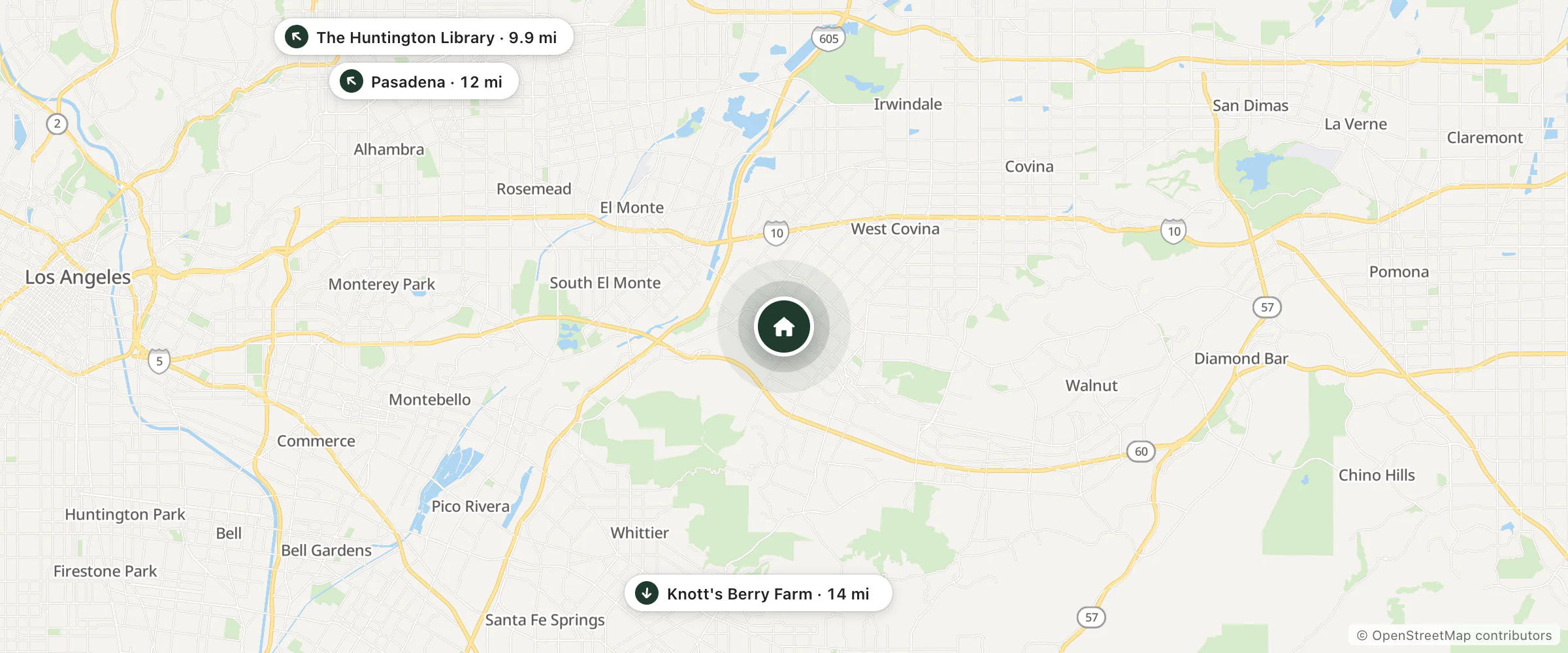 Map of Pegasus Manor and nearby The Huntington Library, Pasadena and Knott's Berry Farm