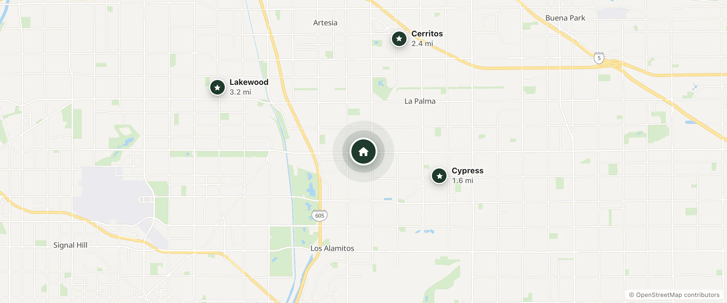 Map of La Quinta Inn and Suites and nearby Cypress, Cerritos and Lakewood