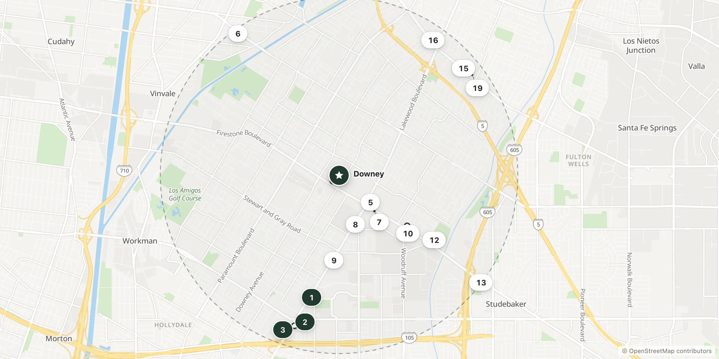Map of hotels near Downey