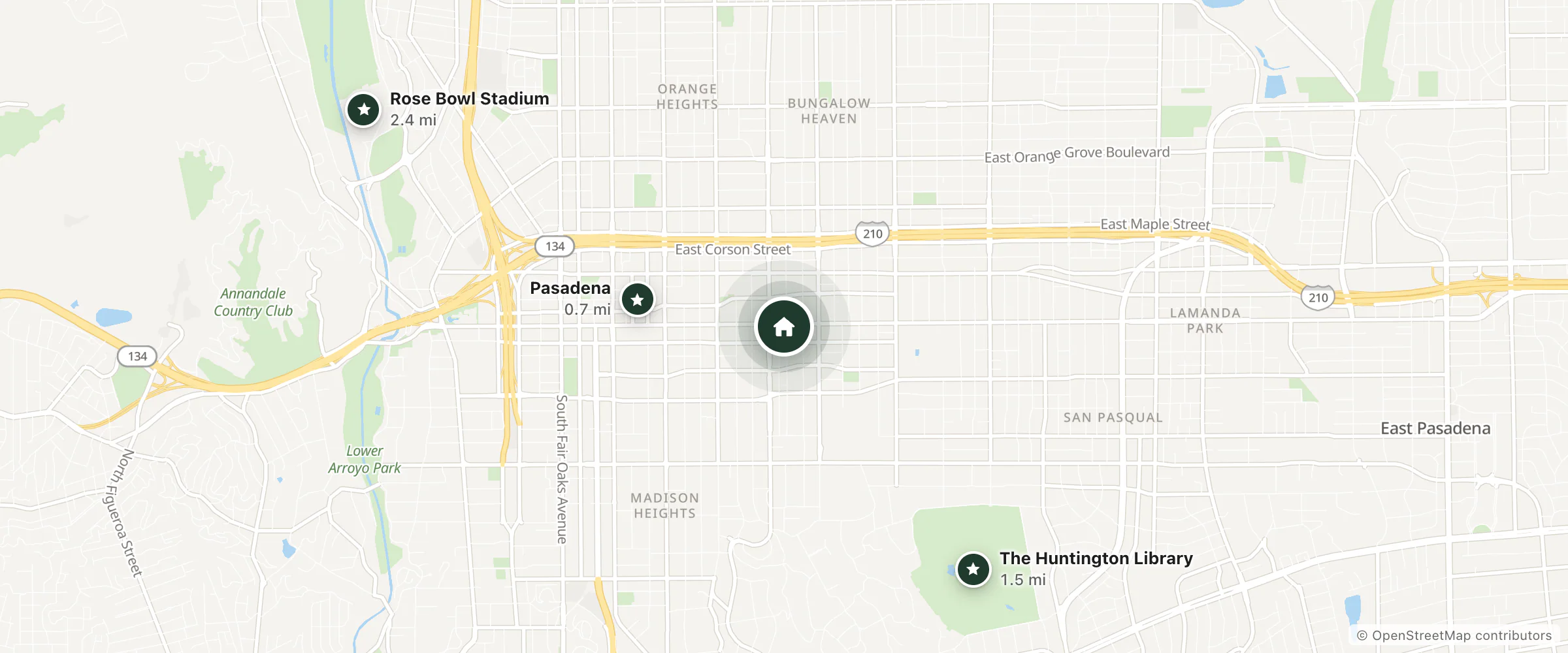 Map of Pasadena Hotel & Pool and nearby Pasadena, The Huntington Library and Rose Bowl Stadium