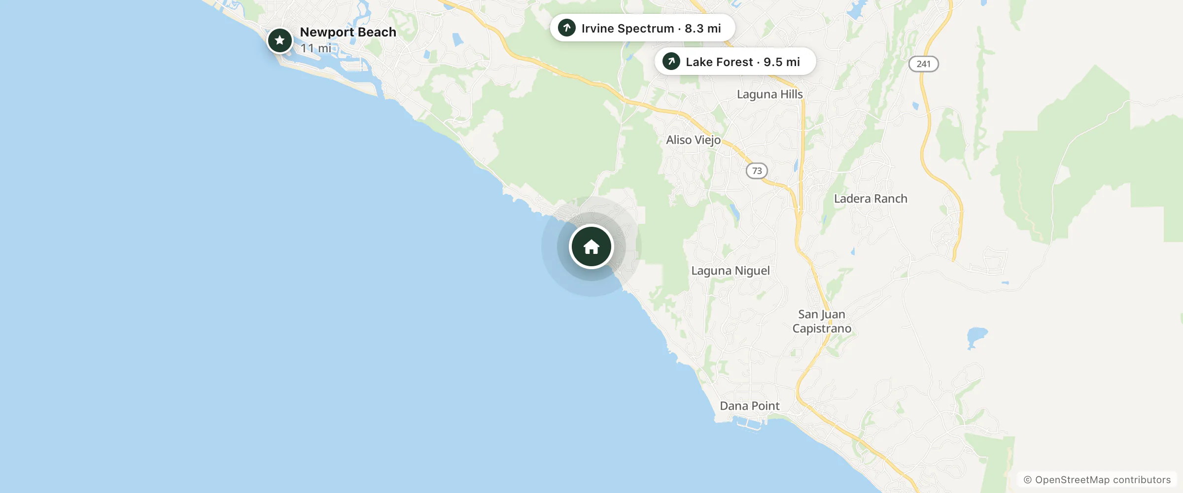 Map of La Casa Del Camino and nearby Irvine Spectrum, Lake Forest and Newport Beach