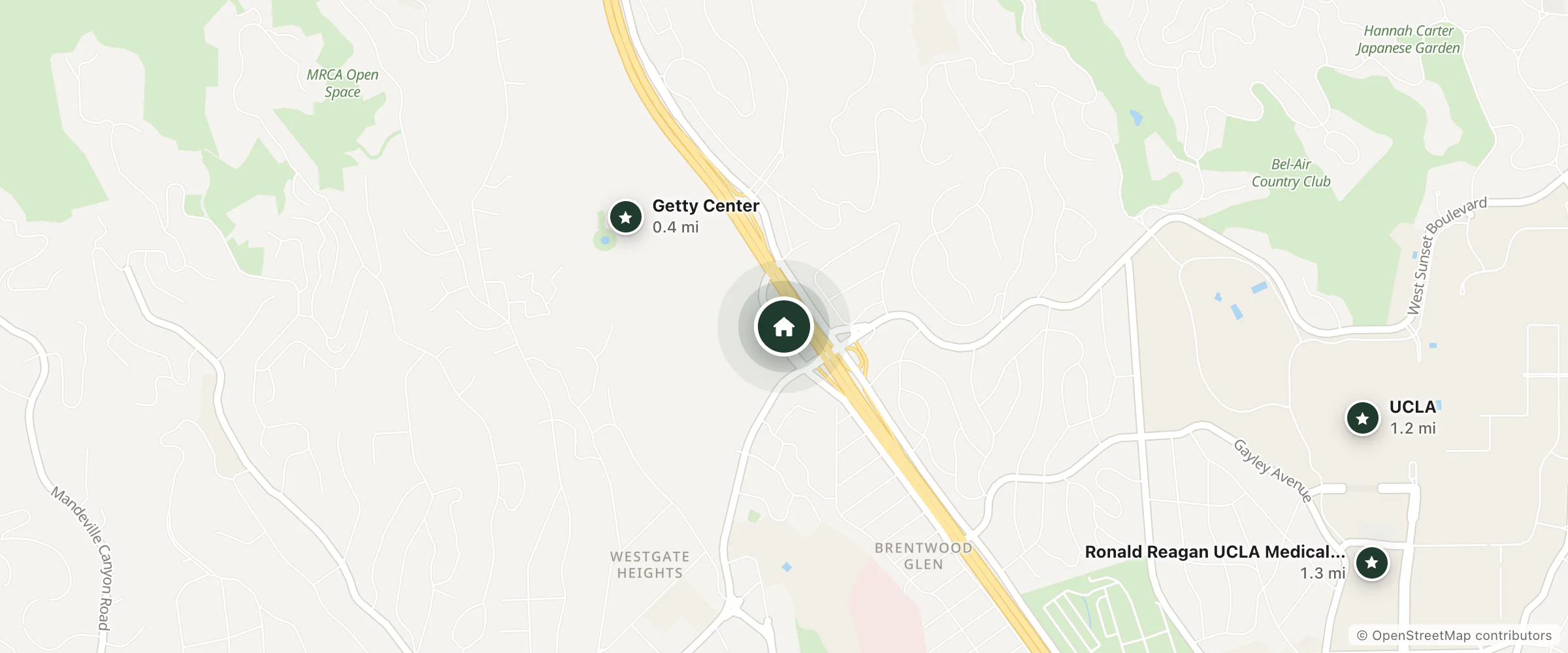 Map of Hotel Angeleno and nearby Getty Center, UCLA and Ronald Reagan UCLA Medical Center