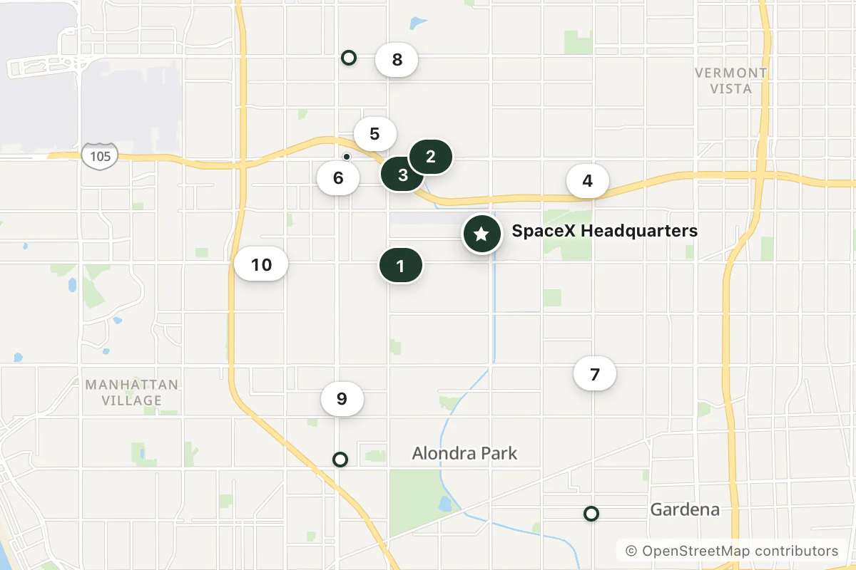 Map of the top 13 hotels for this question around SpaceX Headquarters