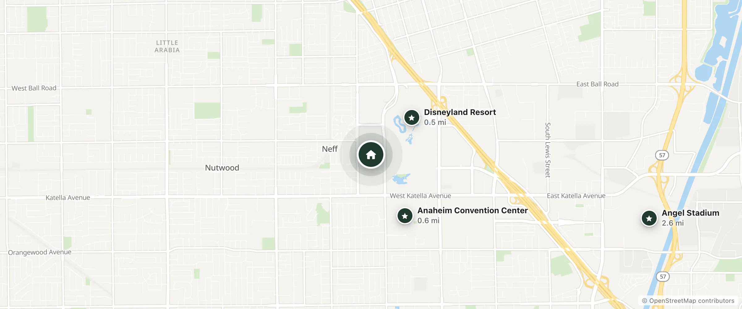 Map of Disneyland Hotel and nearby Disneyland Resort, Anaheim Convention Center and Angel Stadium