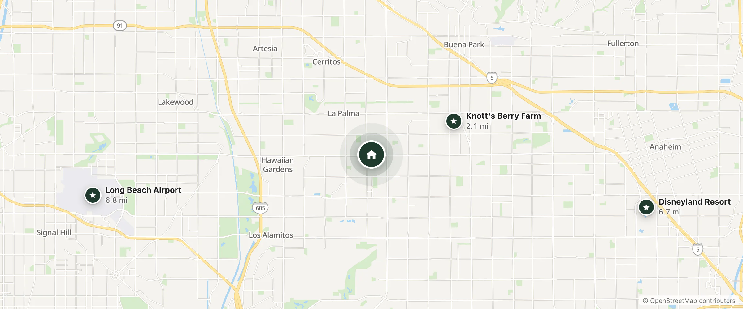 Map of Studio 6 and nearby Knott's Berry Farm, Disneyland Resort and Long Beach Airport