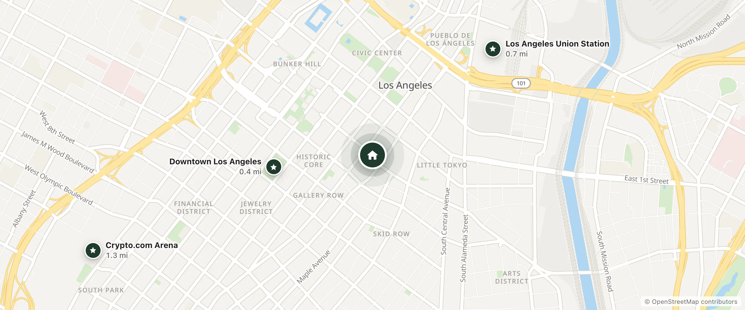 Map of St George Hotel and nearby Downtown Los Angeles, Los Angeles Union Station and Crypto.com Arena