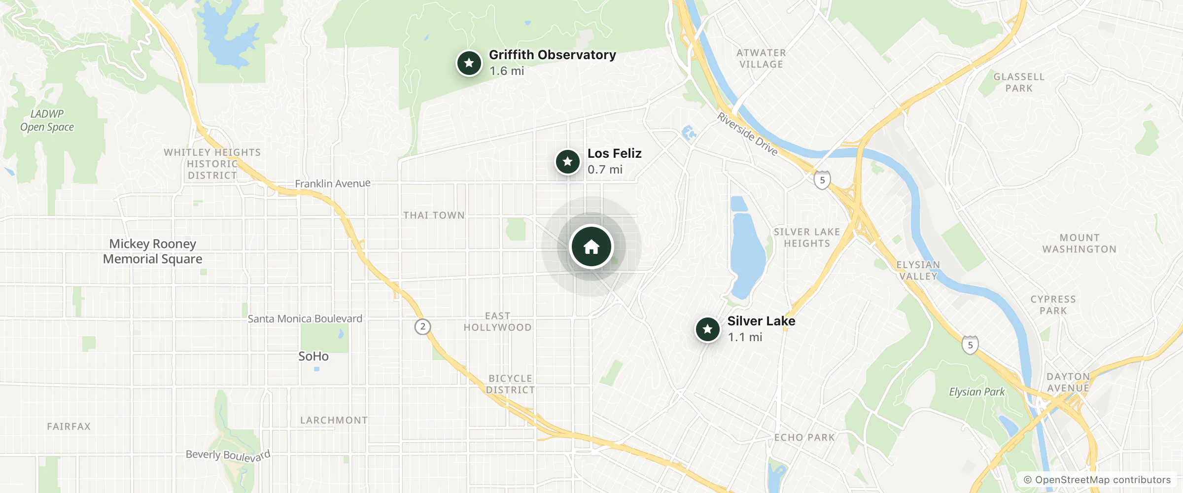 Map of Los Feliz Lodge and nearby Los Feliz, Silver Lake and Griffith Observatory