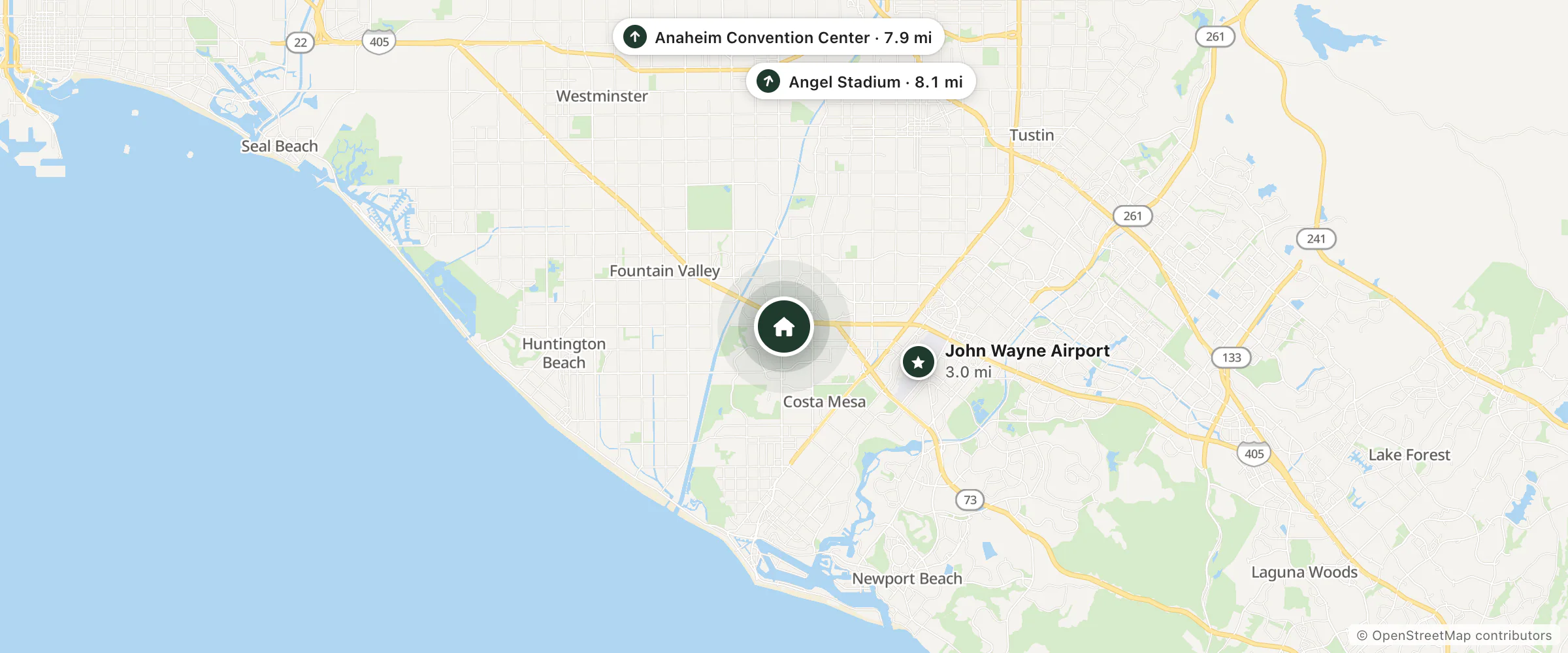 Map of Motel 6 and nearby John Wayne Airport, Anaheim Convention Center and Angel Stadium