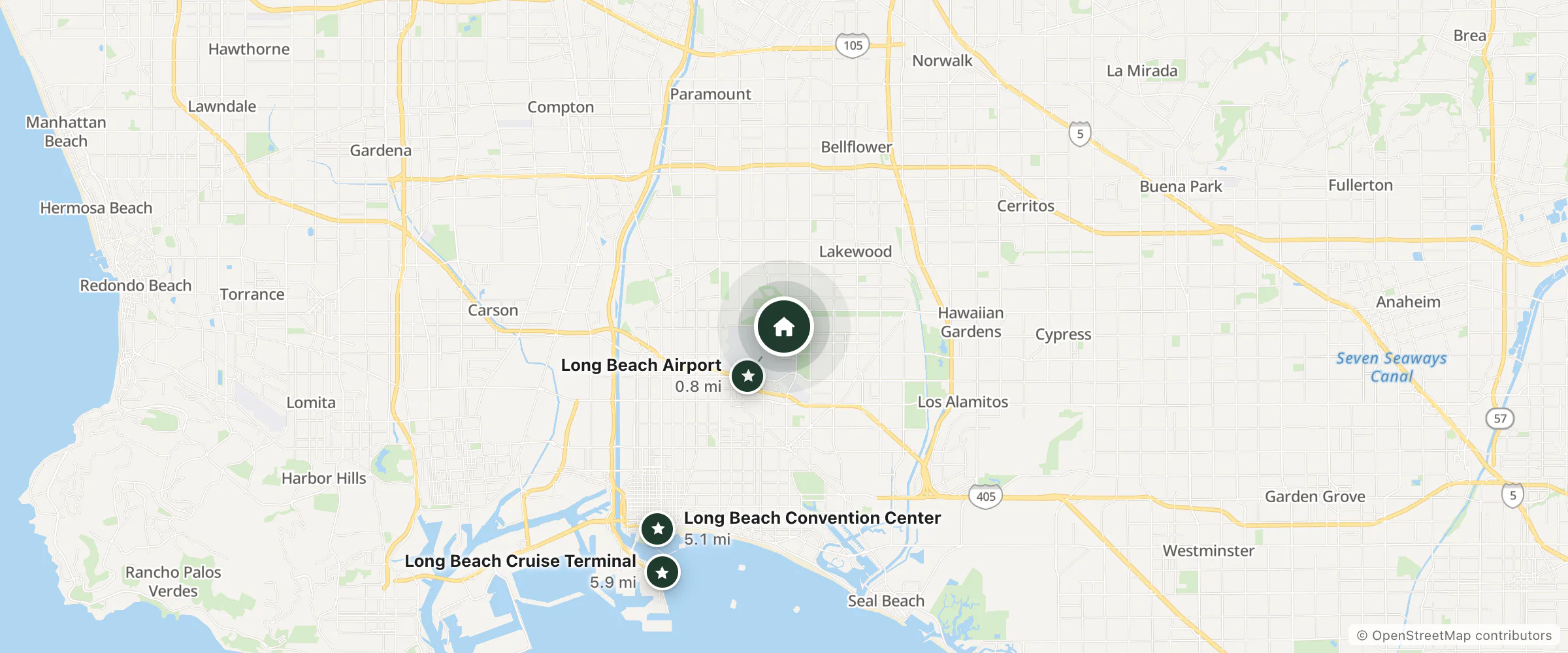 Map of Homewood Suites by Hilton and nearby Long Beach Airport, Long Beach Convention Center and Long Beach Cruise Terminal