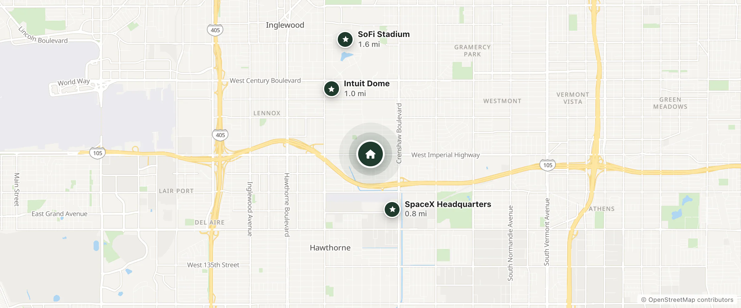 Map of Kings Motel Inglewood and nearby SpaceX Headquarters, Intuit Dome and SoFi Stadium