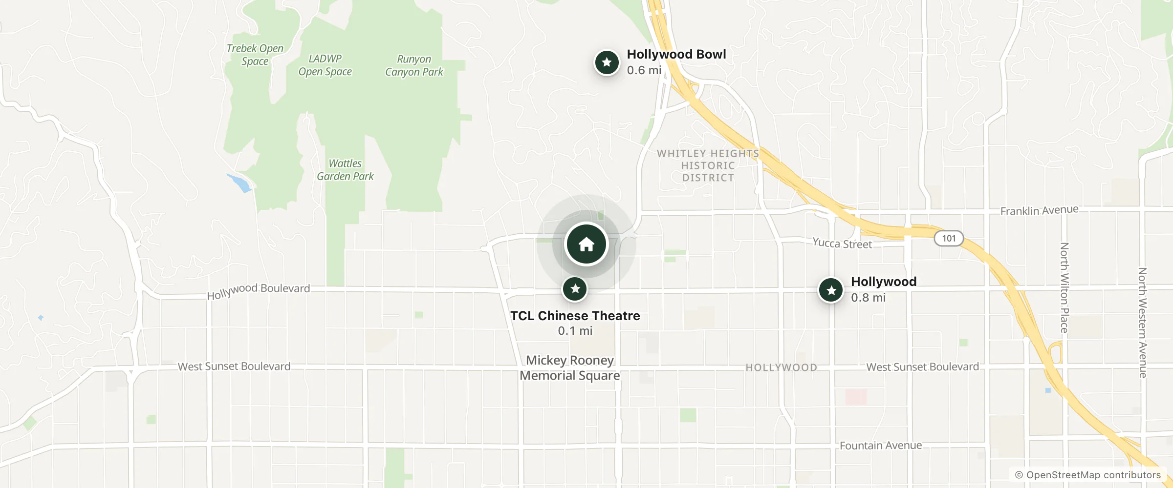 Map of Hollywood Celebrity Hotel and nearby TCL Chinese Theatre, Hollywood Bowl and Hollywood