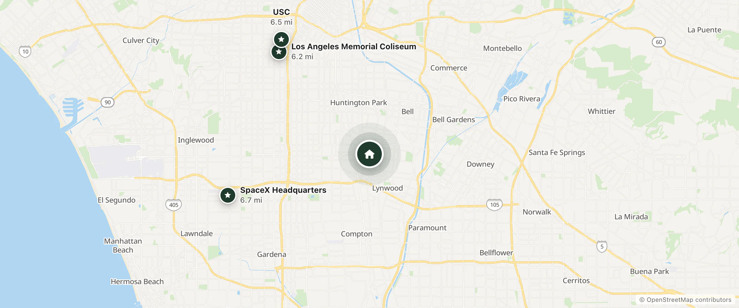 Map of Southern Motel and nearby Los Angeles Memorial Coliseum, USC and SpaceX Headquarters