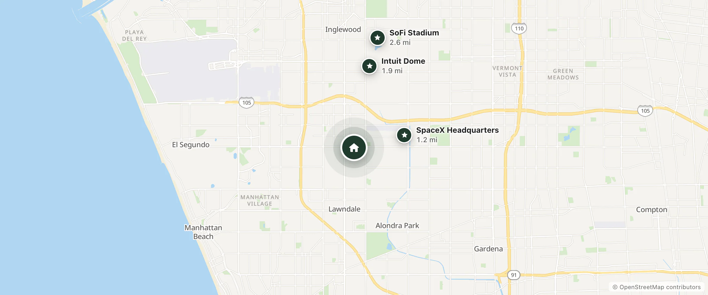 Map of Colonial Hotel and nearby SpaceX Headquarters, Intuit Dome and SoFi Stadium
