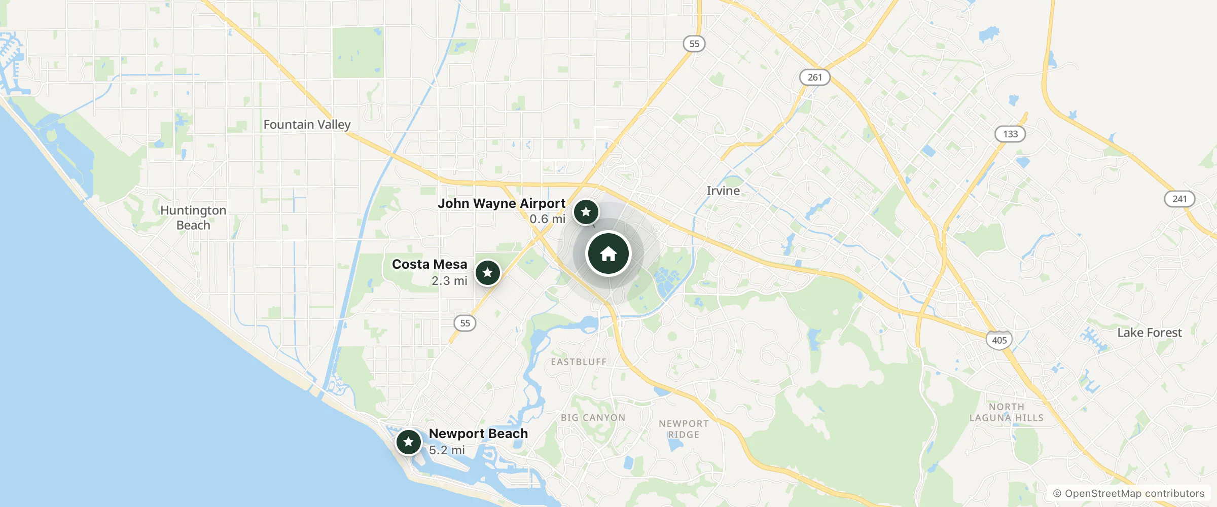 Map of Pacific Monarch Resorts and nearby John Wayne Airport, Costa Mesa and Newport Beach