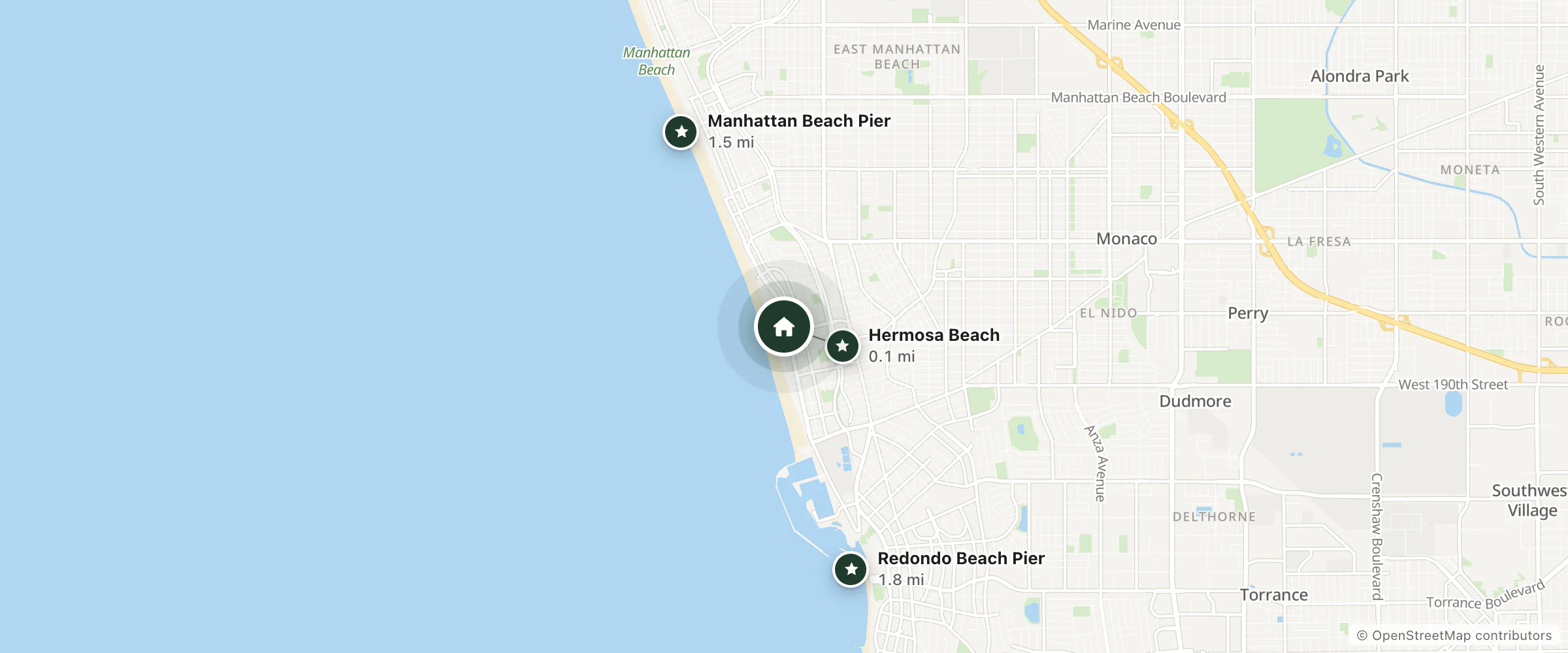 Map of H2O Hermosa and nearby Hermosa Beach, Manhattan Beach Pier and Redondo Beach Pier