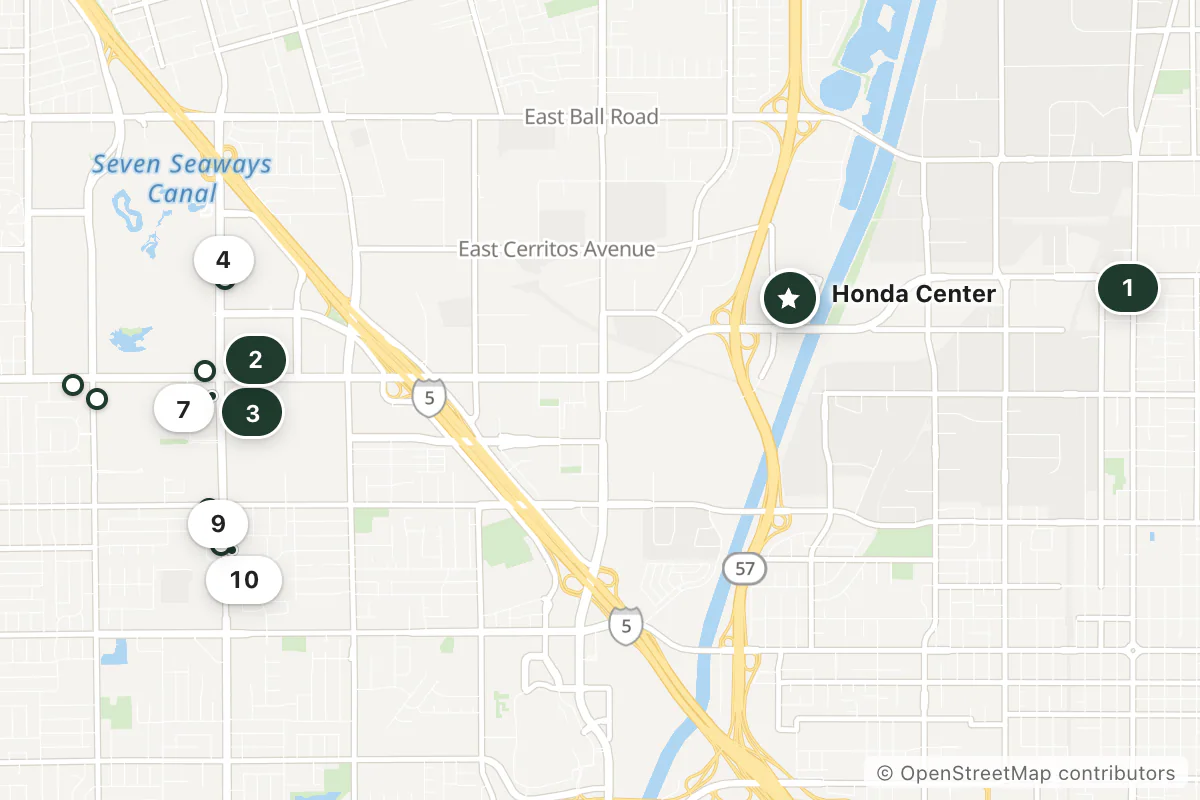 Map of the top 14 hotels for this question around Honda Center