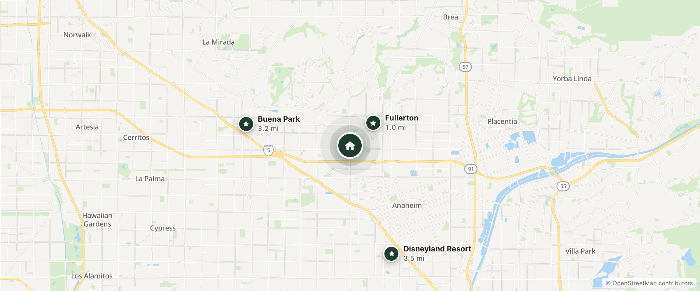 Map of Grand Inn and nearby Fullerton, Buena Park and Disneyland Resort