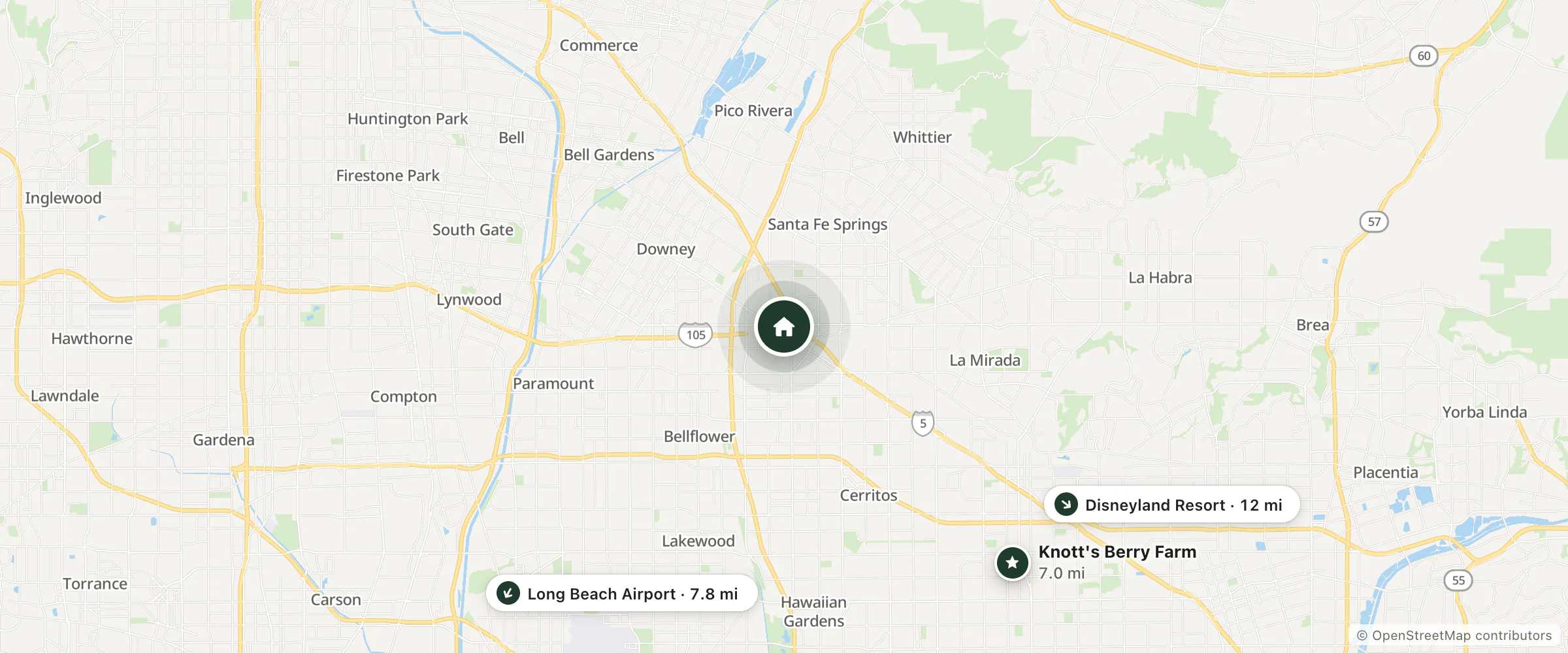 Map of Anchor Inn Motel and nearby Knott's Berry Farm, Long Beach Airport and Disneyland Resort