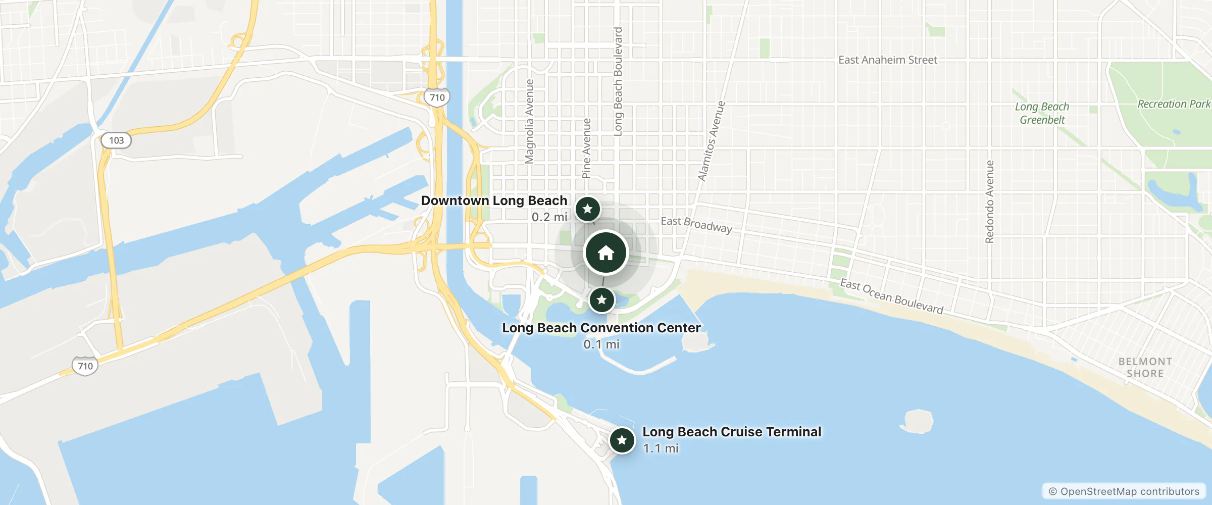 Map of Fairmont Breakers Long Beach and nearby Long Beach Convention Center, Downtown Long Beach and Long Beach Cruise Terminal