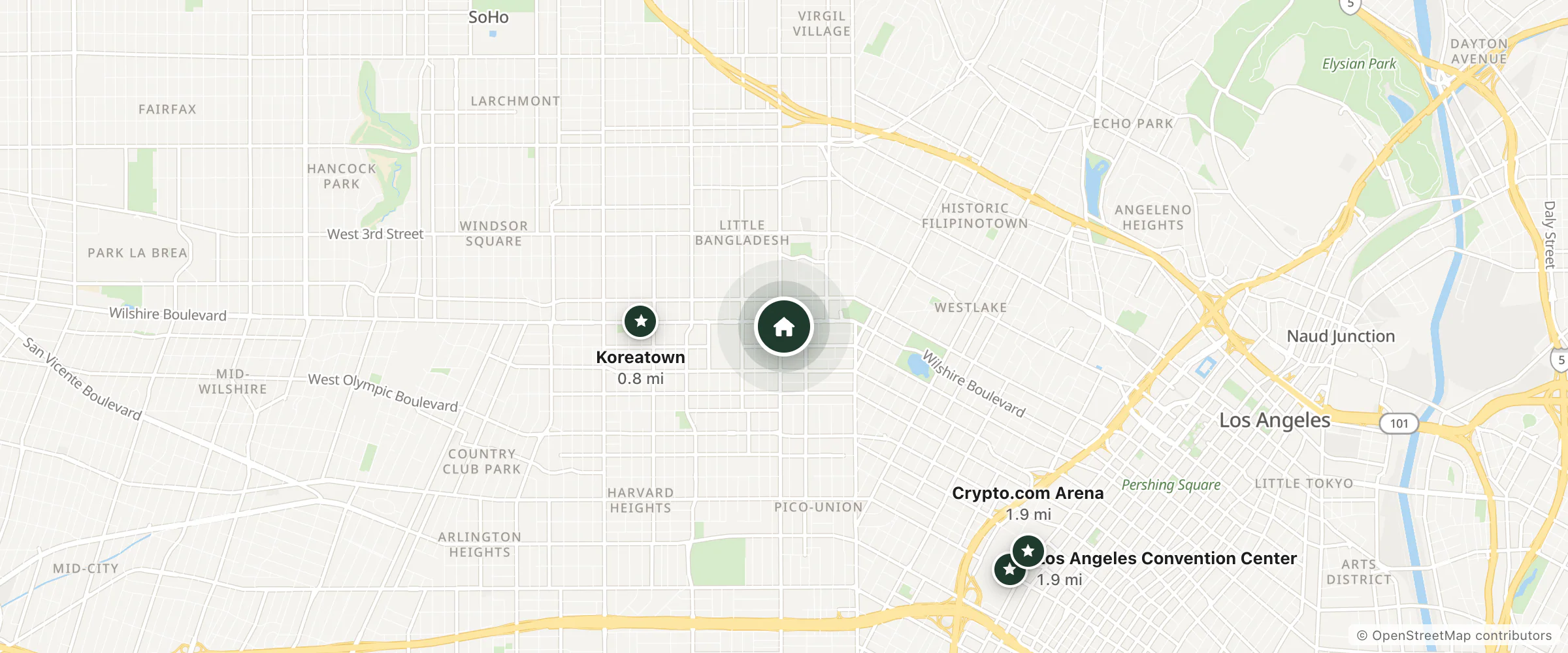 Map of California Love and nearby Koreatown, Los Angeles Convention Center and Crypto.com Arena