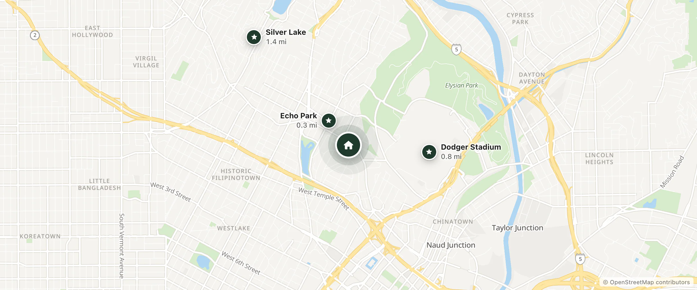 Map of Noon on Sunset Hill and nearby Echo Park, Dodger Stadium and Silver Lake