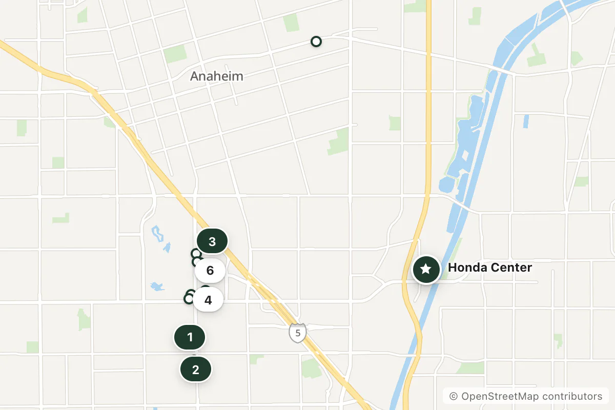 Map of the top 14 hotels for this question around Honda Center