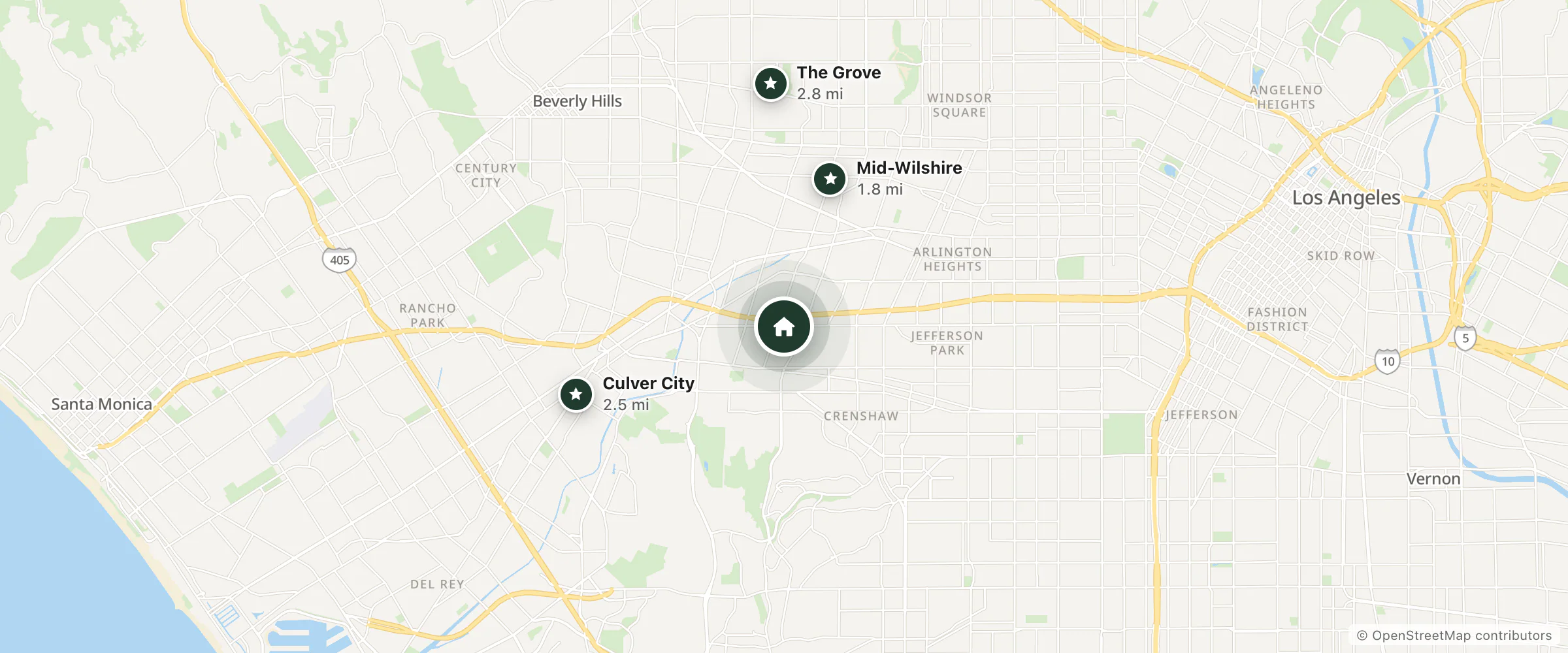 Map of Alsace Hotel Los Angeles and nearby Mid-Wilshire, Culver City and The Grove