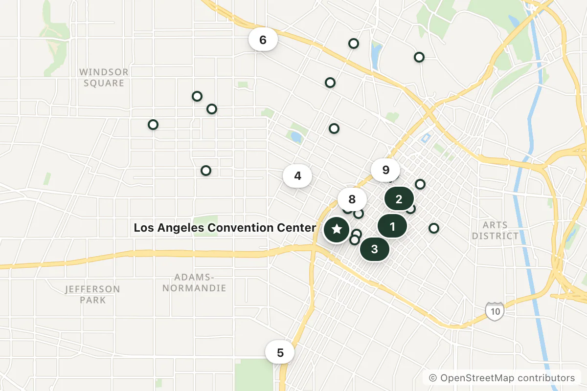 Map of the top 25 hotels for this question around Los Angeles Convention Center