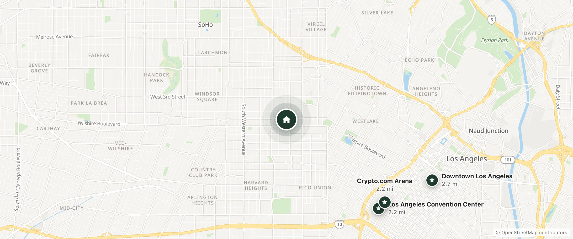 Map of Kins Hotel and nearby Los Angeles Convention Center, Crypto.com Arena and Downtown Los Angeles