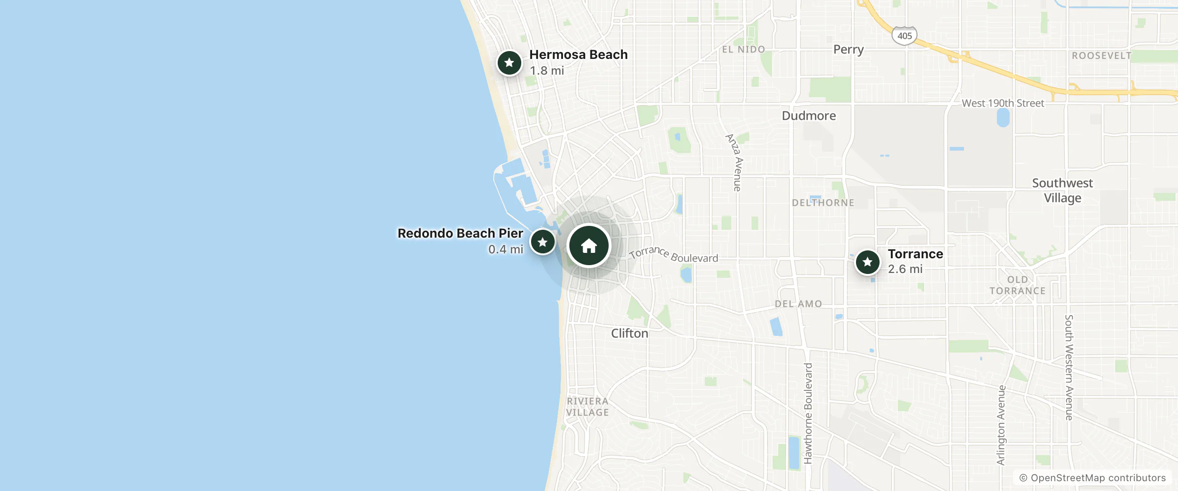 Map of Burnham Beach Cottages 2-Block to Beach! and nearby Redondo Beach Pier, Hermosa Beach and Torrance