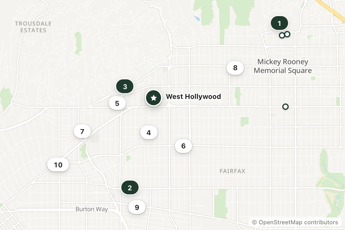 Map of the top 13 hotels for this question around West Hollywood