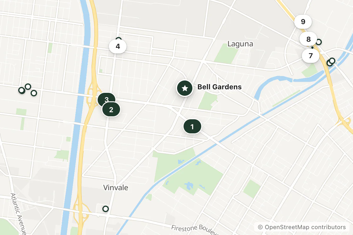 Map of the top 18 hotels for this question around Bell Gardens