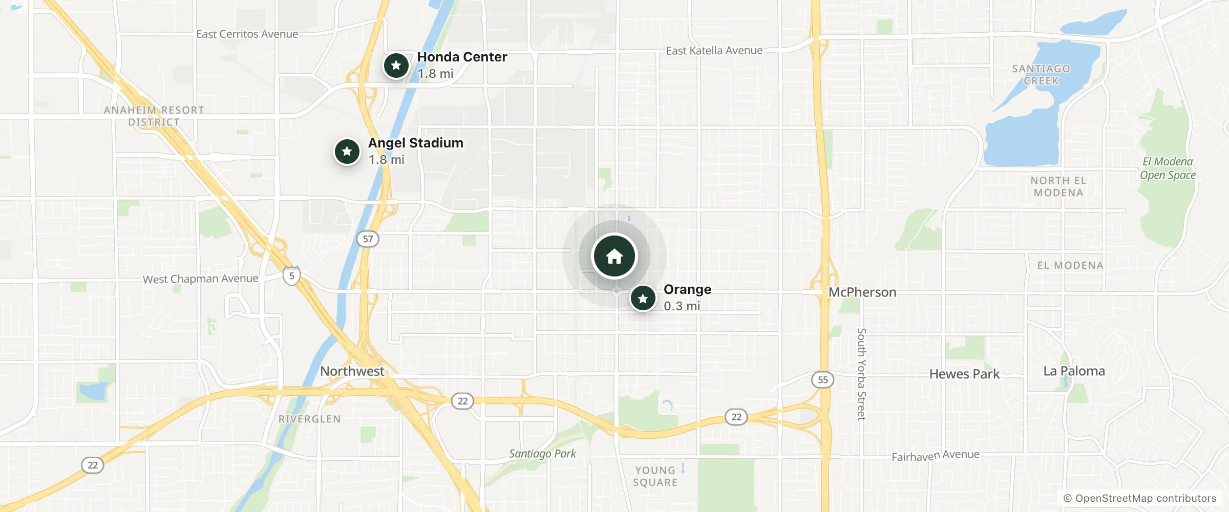 Map of Ruta's Old Towne Inn and nearby Orange, Angel Stadium and Honda Center