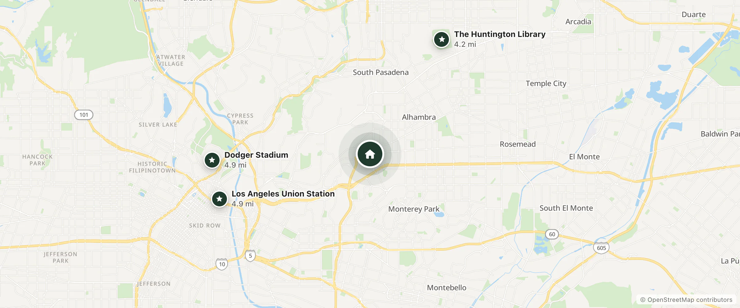 Map of Omeo Suites - Alhambra and nearby The Huntington Library, Los Angeles Union Station and Dodger Stadium