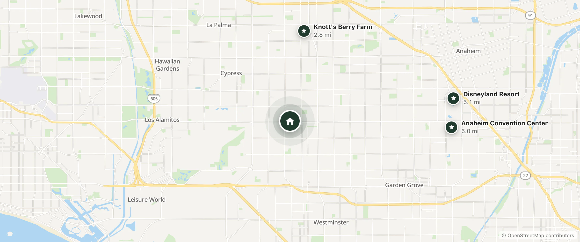 Map of Cypress Center and nearby Knott's Berry Farm, Anaheim Convention Center and Disneyland Resort