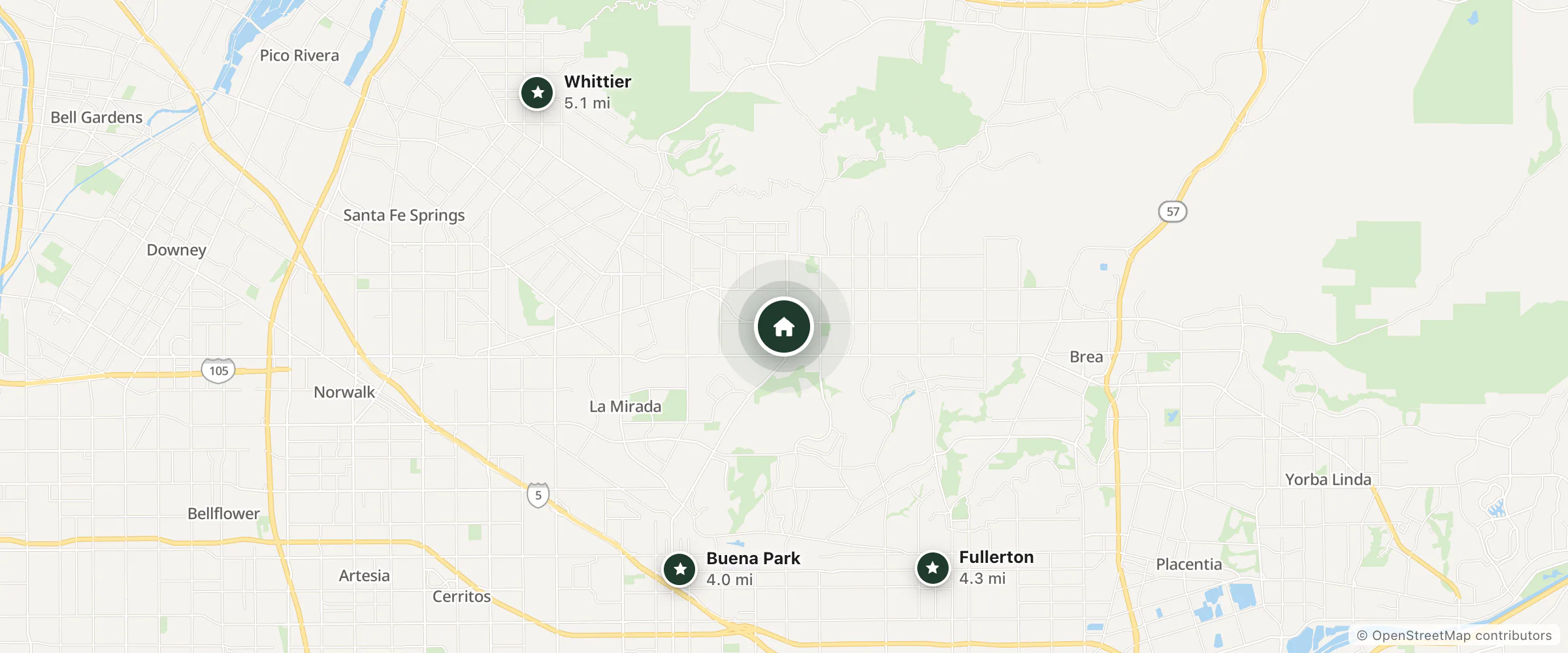 Map of Santa’s Garden and nearby Buena Park, Fullerton and Whittier