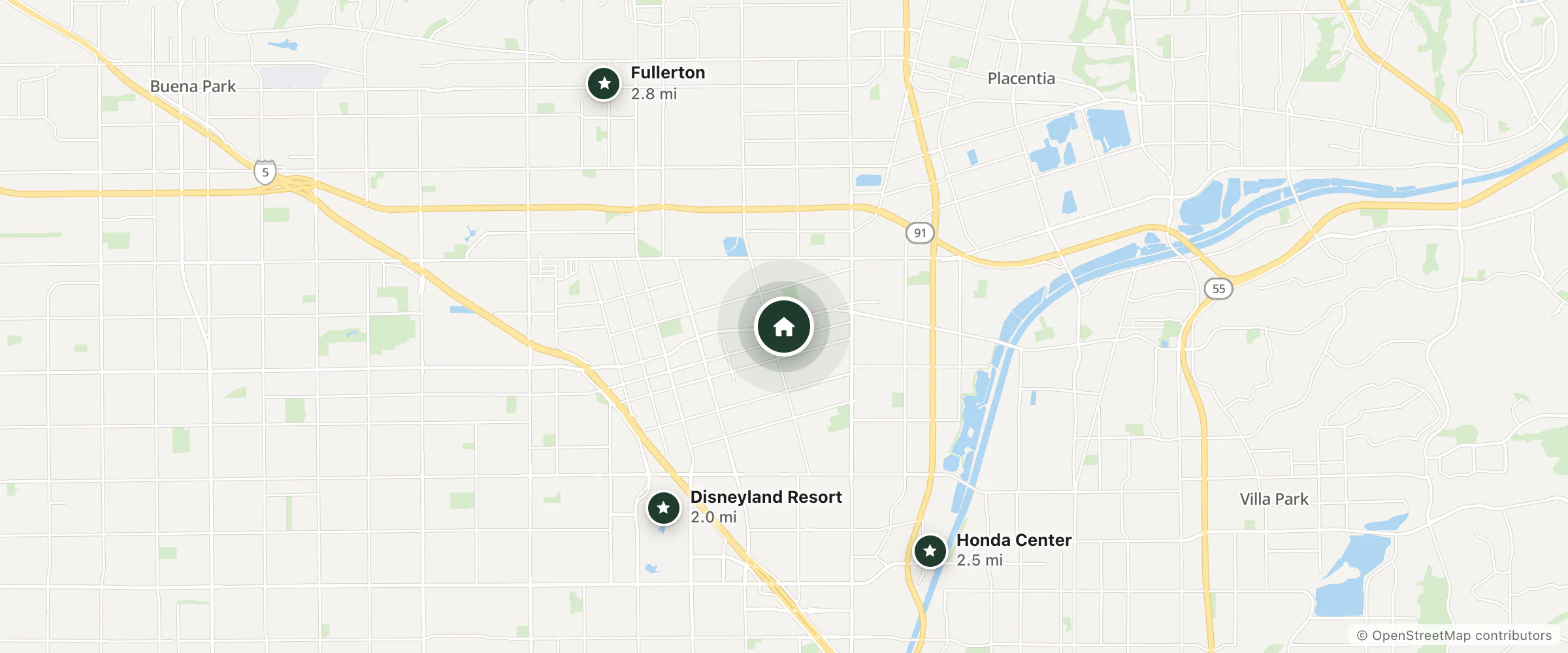 Map of Sandman Motel and nearby Disneyland Resort, Honda Center and Fullerton