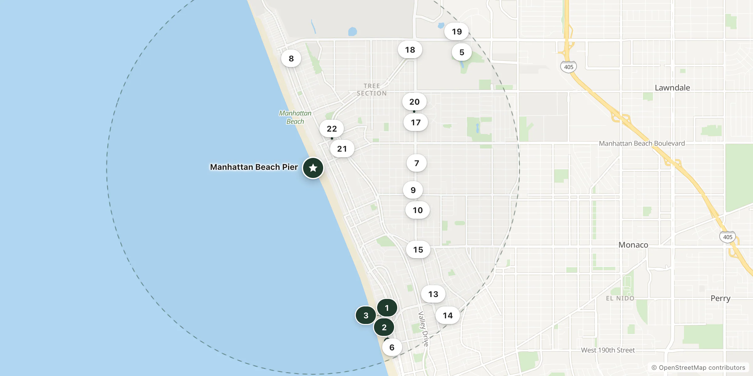 Map of hotels near Manhattan Beach Pier