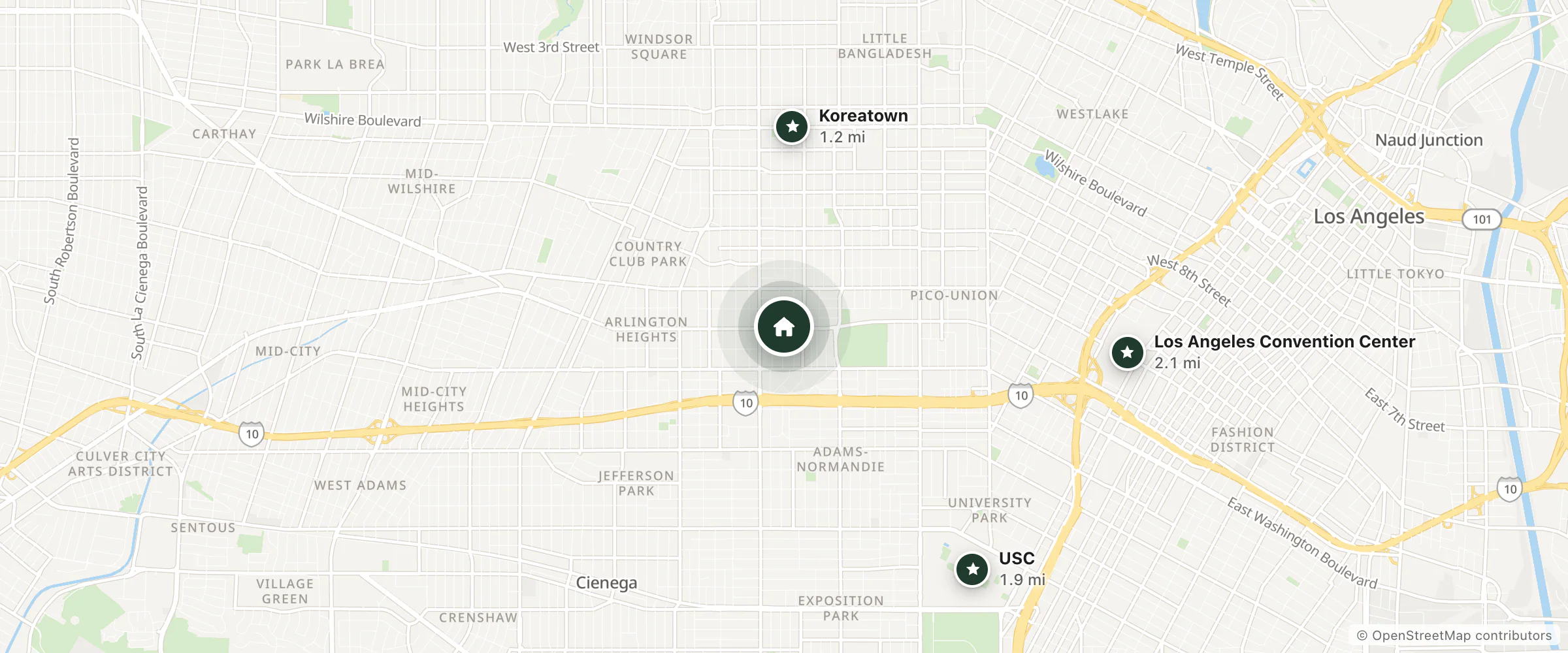 Map of Venice Hotel and nearby Koreatown, USC and Los Angeles Convention Center