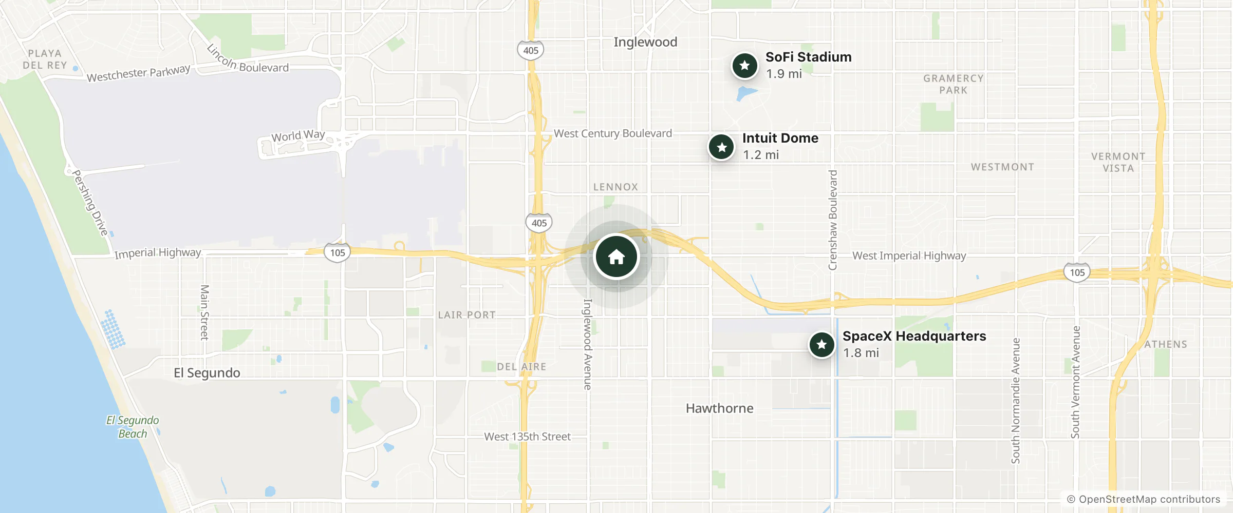 Map of Del Aire Inn Hotel and nearby Intuit Dome, SpaceX Headquarters and SoFi Stadium