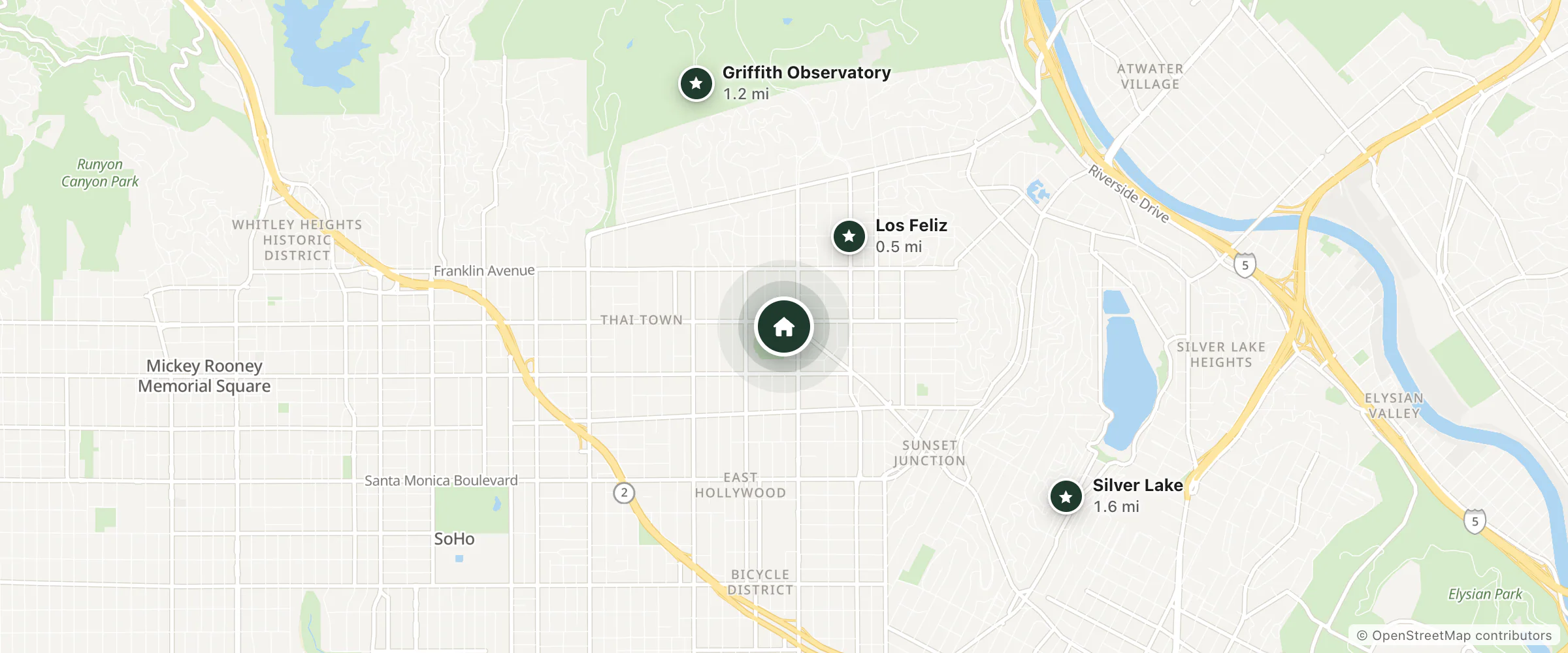 Map of Omni Hotels & Resorts and nearby Los Feliz, Griffith Observatory and Silver Lake