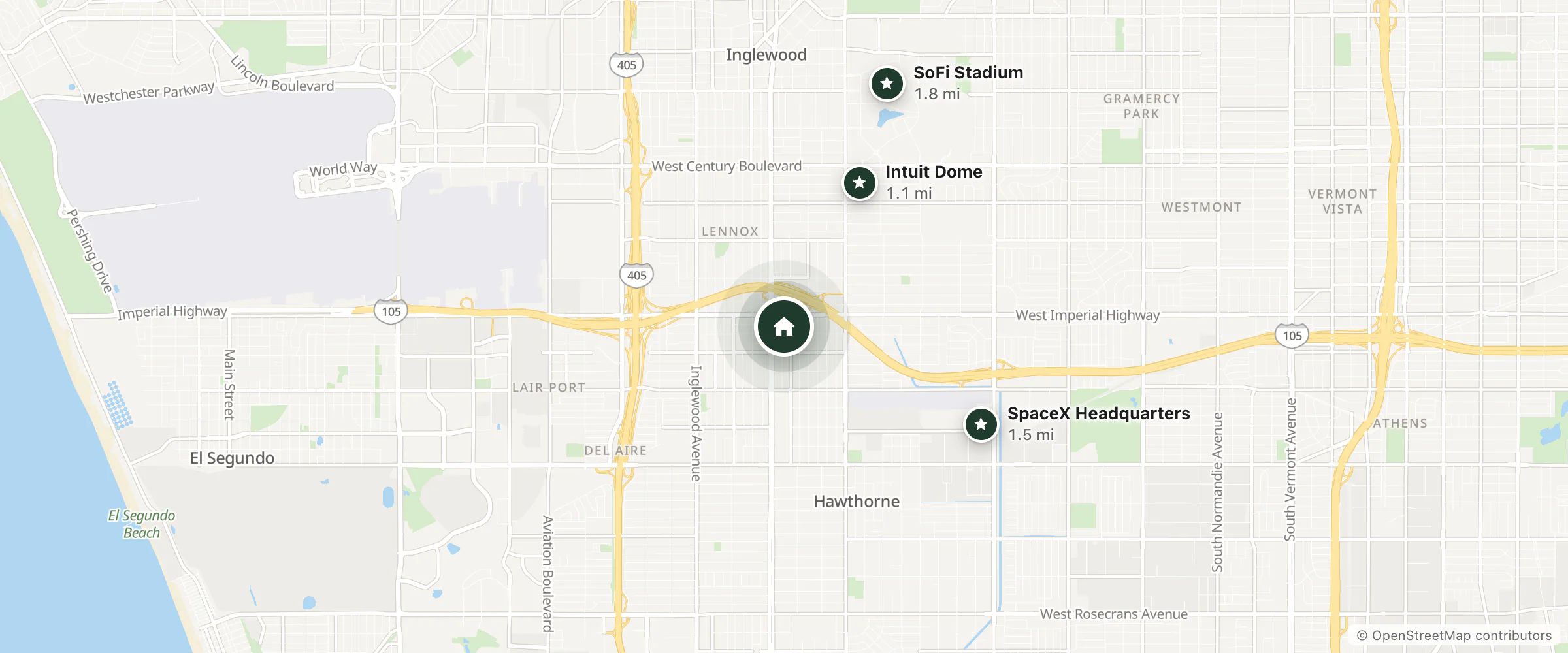 Map of Comfort Inn Cockatoo and nearby Intuit Dome, SpaceX Headquarters and SoFi Stadium