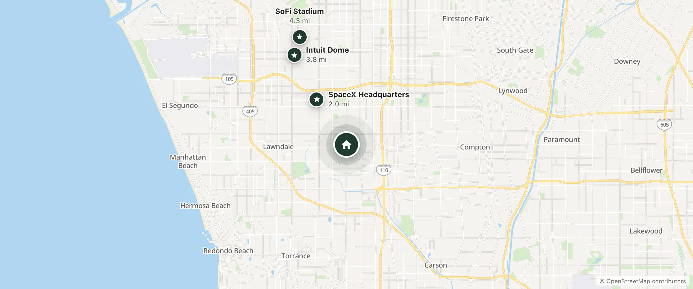 Map of Avenue Motel and nearby SpaceX Headquarters, Intuit Dome and SoFi Stadium