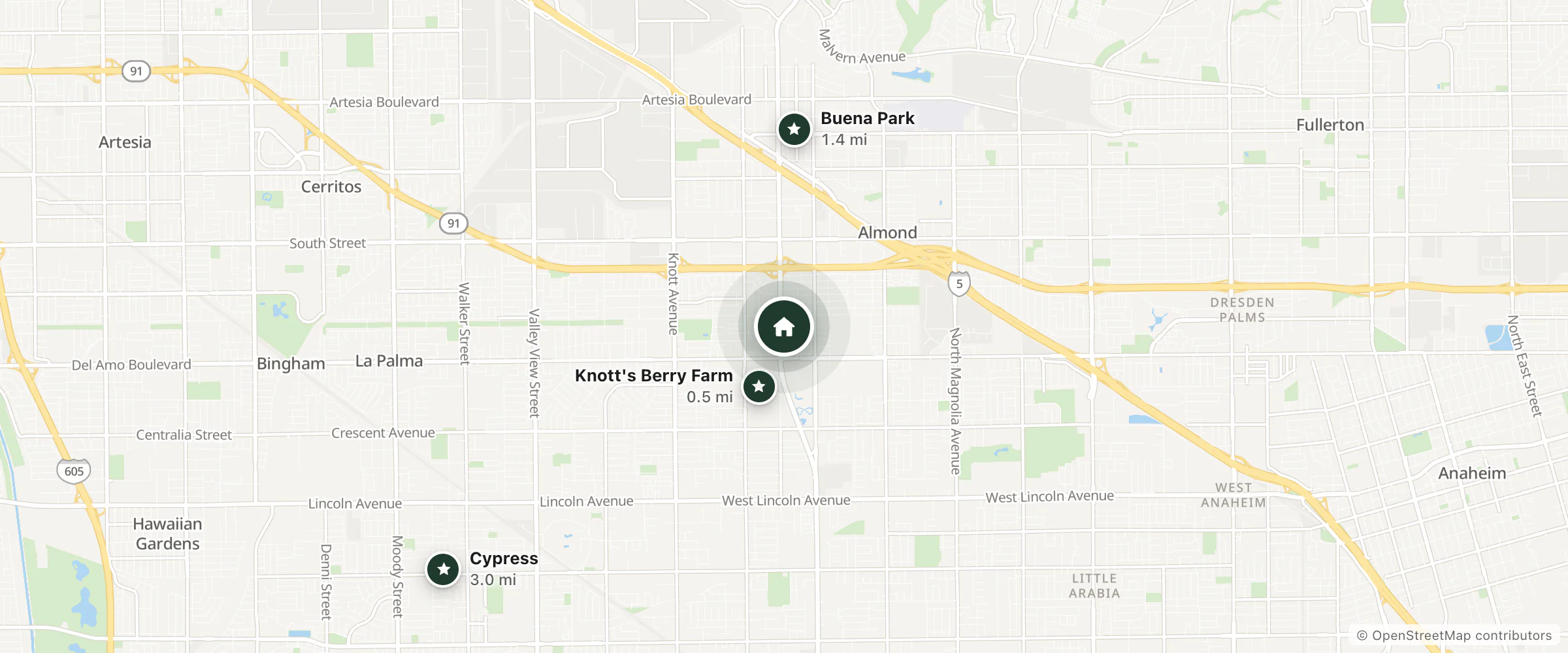 Map of The Buena Park Grand Hotel & Suites and nearby Knott's Berry Farm, Buena Park and Cypress