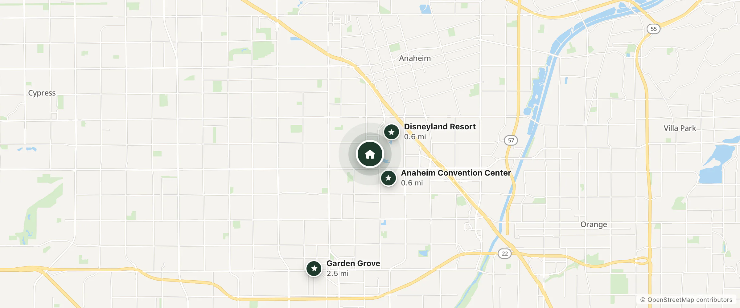 Map of Disneyland Resort Center and nearby Anaheim Convention Center, Disneyland Resort and Garden Grove