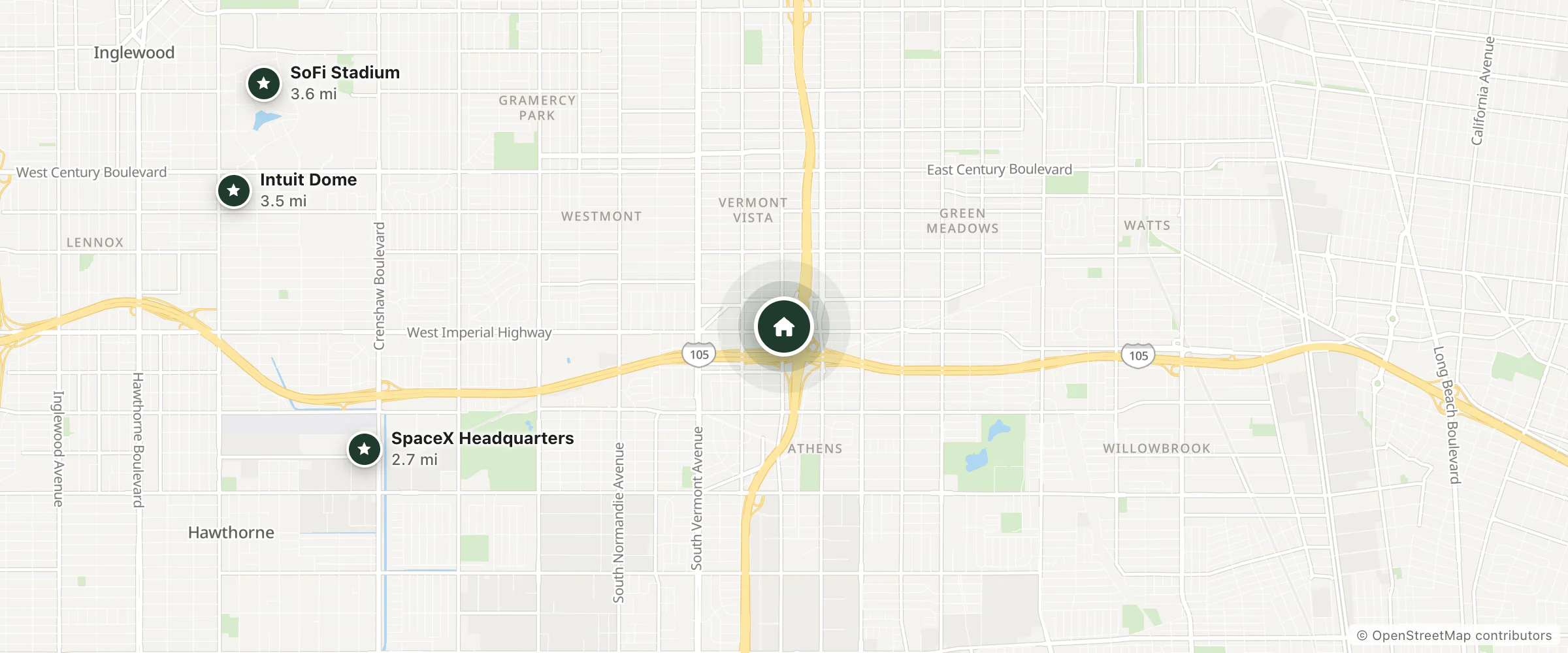 Map of Signal Motel Movies Air Cond and nearby SpaceX Headquarters, Intuit Dome and SoFi Stadium