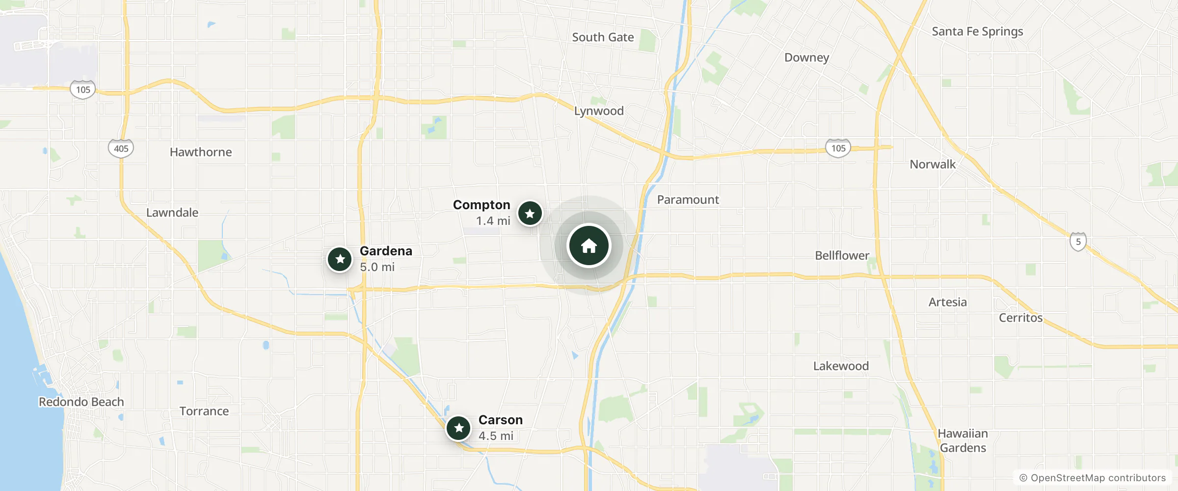Map of Travel Plaza Inn and nearby Compton, Carson and Gardena