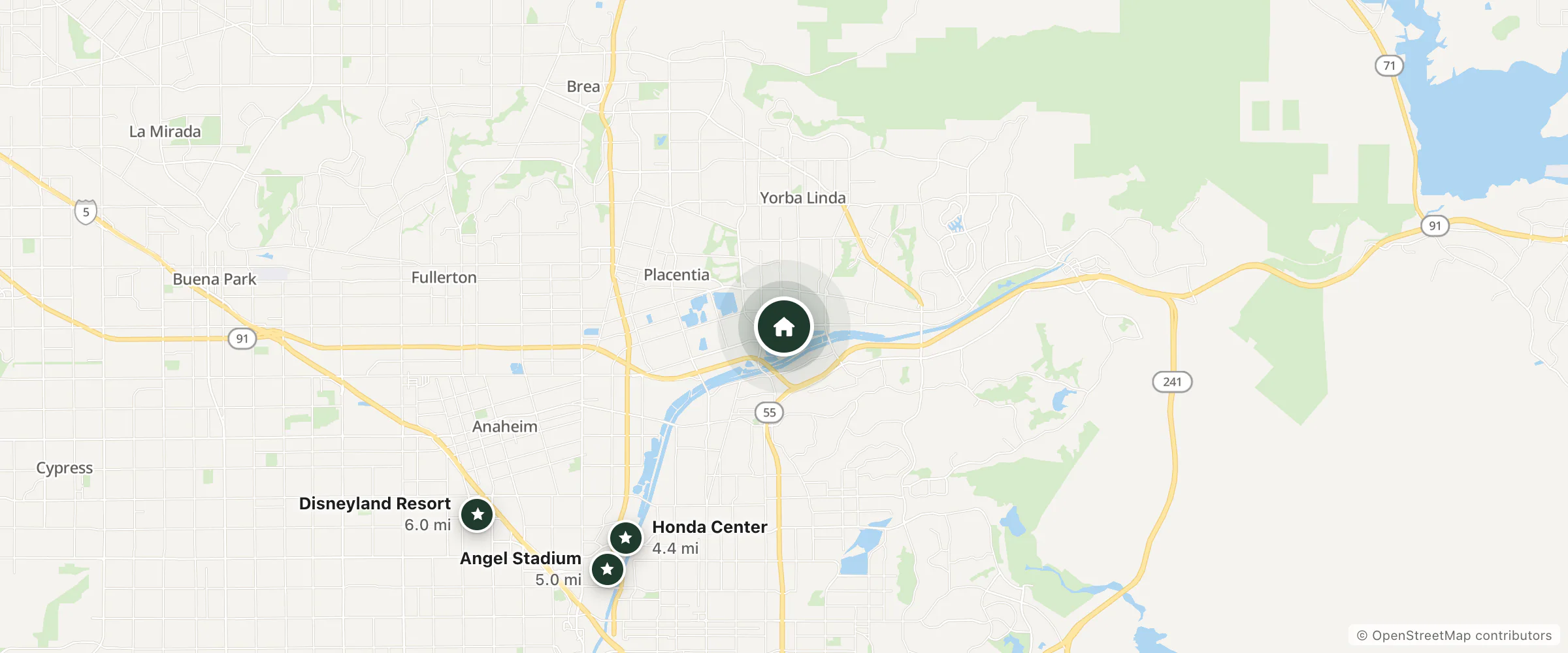 Map of Platinum Interchange and nearby Honda Center, Angel Stadium and Disneyland Resort